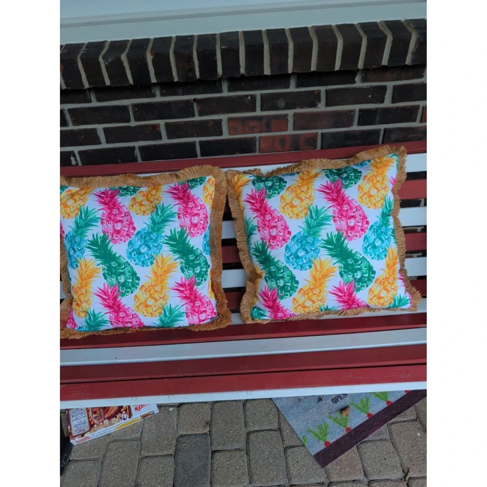 Isaac Mizrahi NY. Tropical Pineapple Pair Colors Fringe Throw Pillows 16